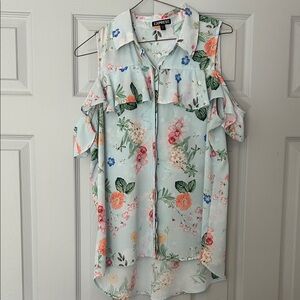 Express Floral Ruffle Sleeve Blouse - Light Blue
